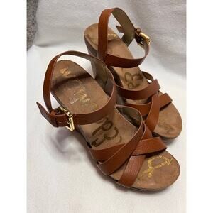 Sam Edelman Sandals Brown Leather Cross Straps Buckle Platform Wedge Size 10